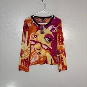 Hayes Shirt Womens Small Orange Psychedelic Graphic Ringer Top Retro Art Y2K